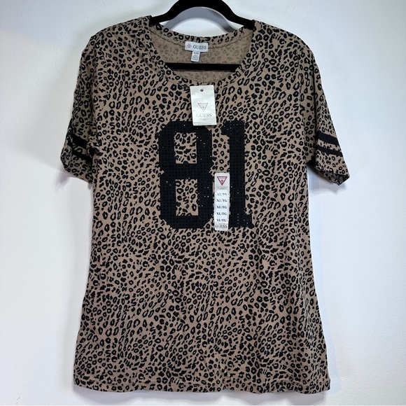 GUESS | Rhinestone “81” Leopard Graphic Tee – Sporty Glam Y2K | Size XL | NWT - Picture 1 of 9